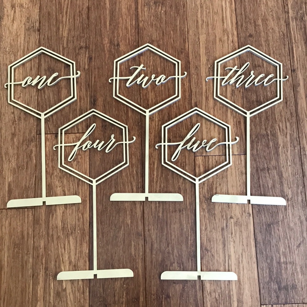 Gold Script Table Number Stands (Table Number 1-5) - Picture 2 of 3